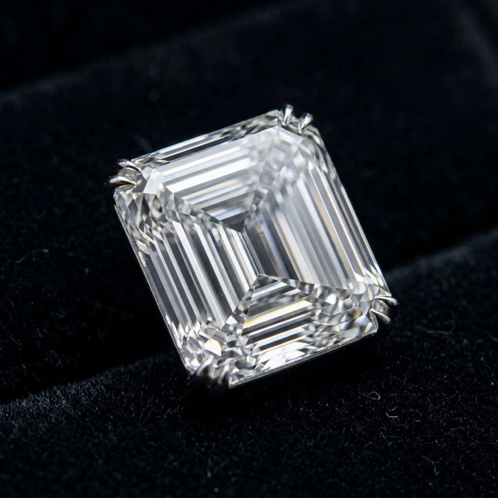 Emerald-shape diamond under studio light